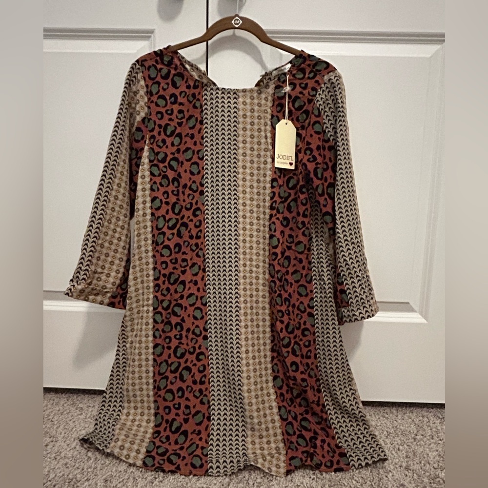 JODIFL Leopard Rust Mix Dress, Small.